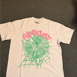 Sp5der women’s OG Web baby tee shirt green pink logo white
